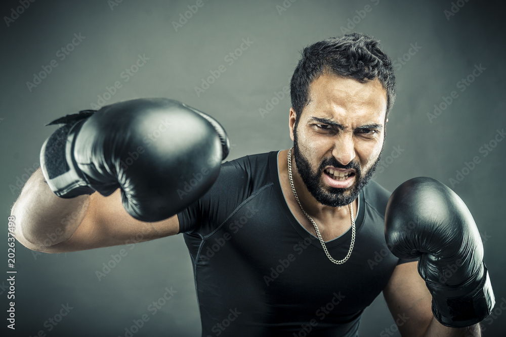 Angry bearded man in boxing gloves on isolated grey background