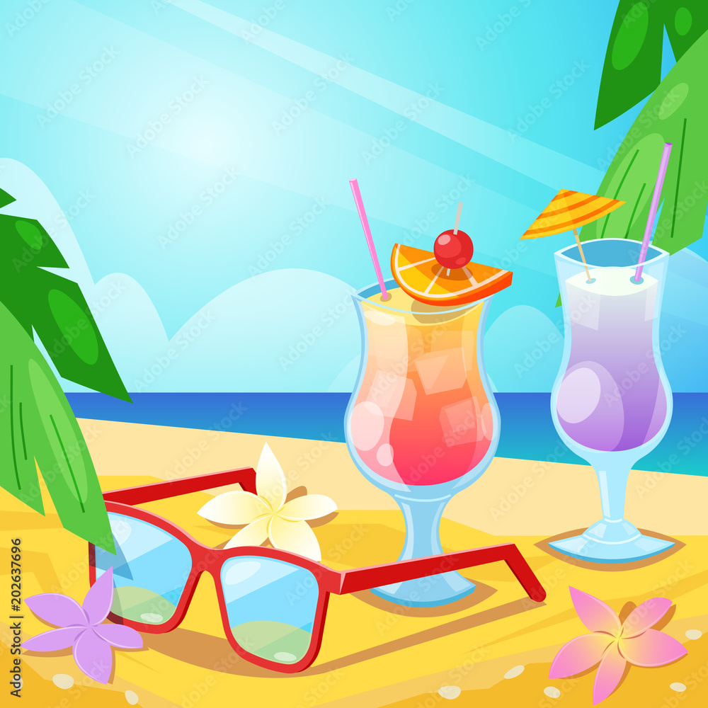 Obraz premium Tropical summer beach, alcohol beverages and red sunglasses on sand. Vector bar illustration.