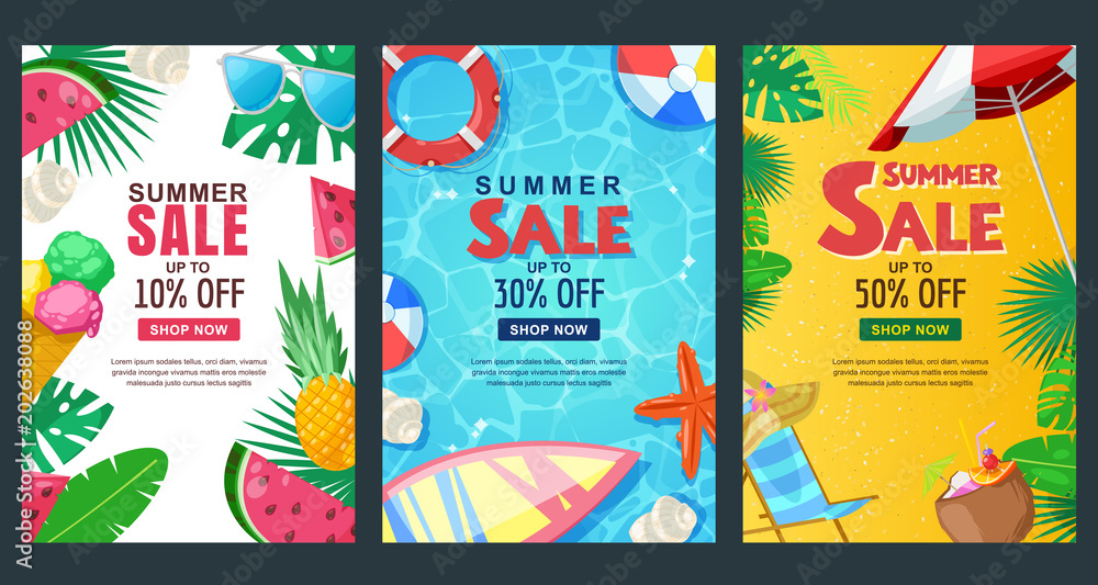 Summer sale vertical banner set. Vector season poster template. Tropical backgrounds. - obrazy, fototapety, plakaty 