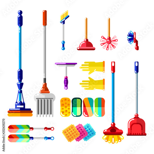 Household cleaning tools and supplies. Vector illustration of multicolor mop, brush, sponge, broom.