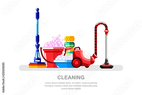 Housework and cleaning service concept. Vacuum cleaner, bucket and mop, vector isolated illustration