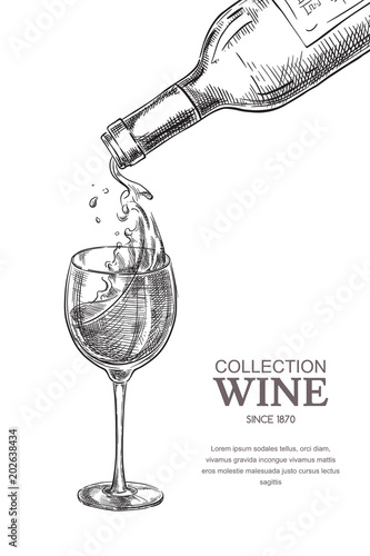 Wine pouring from bottle into glass, sketch vector illustration. Hand drawn label design elements