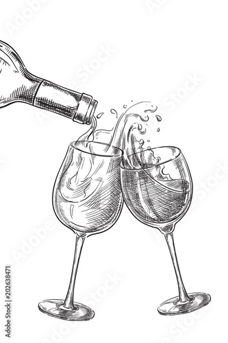 Two glasses with drinks. Wine pouring from bottle into glass, sketch vector illustration.