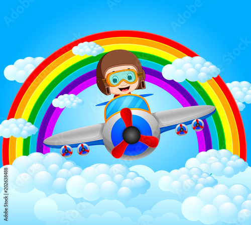 funny pilot riding plane with rainbow scenery