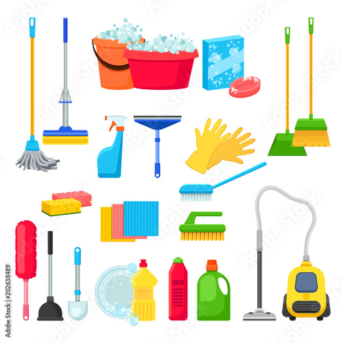 Cleansers and detergent in bottles, house cleaning tools and supplies for housework. Vector isolated design elements
