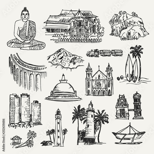 Cities and elements of Sri Lanka. Hand drawn vector illustration of sri lankan places. Temples, building and objects. Cultural elements. © Marsasha Art