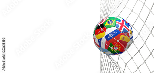 soccer goal soccer ball with flags in net 3d rendering