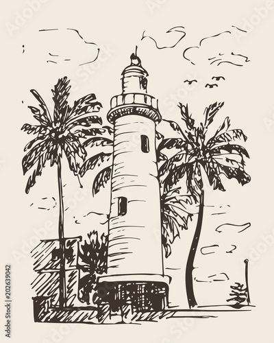 Hand drawn illustration of lighthouse with palm trees. Drawing sea tower.