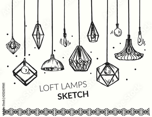 Hand drawn vector set of different geometric loft lamps. Edison lamps and modern chandeliers sketch. Lanterns collection.