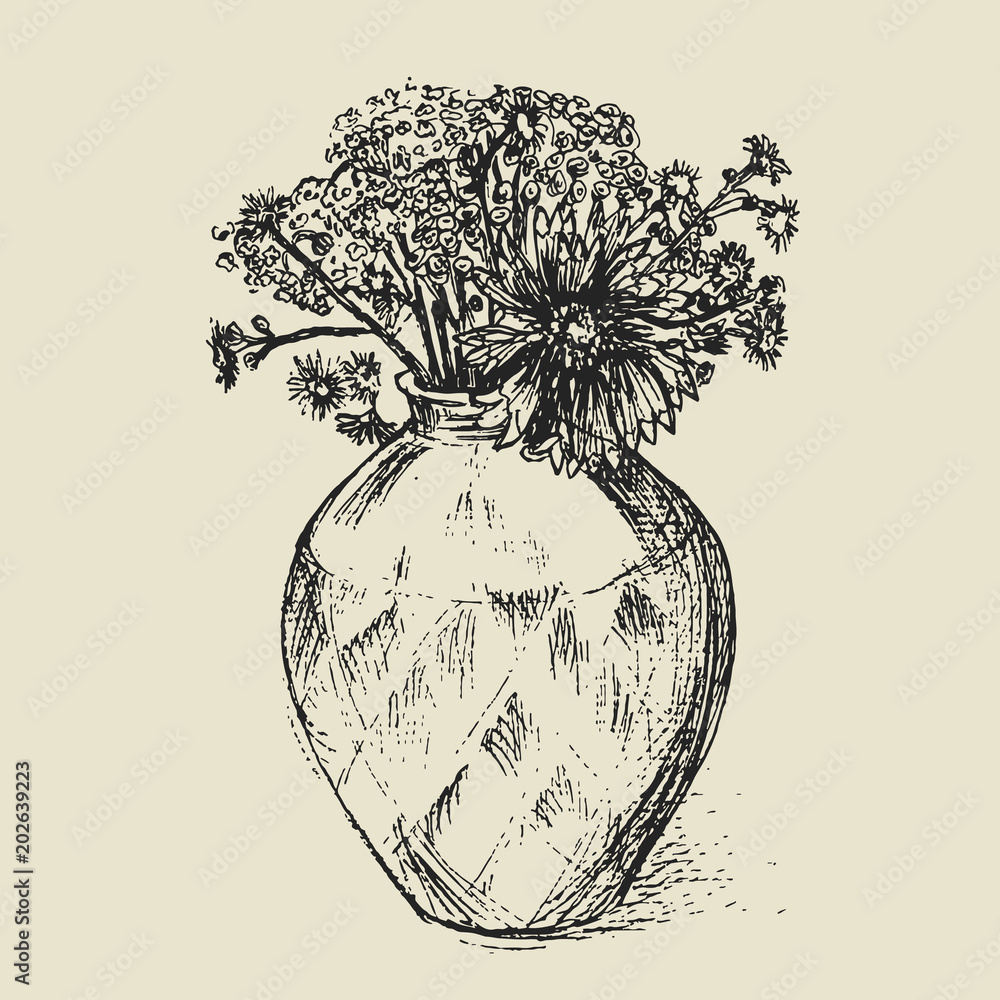 Sketch of a vase with flowers. Hand drawn floral illustration in vintage  style on the old paper. vector de Stock | Adobe Stock