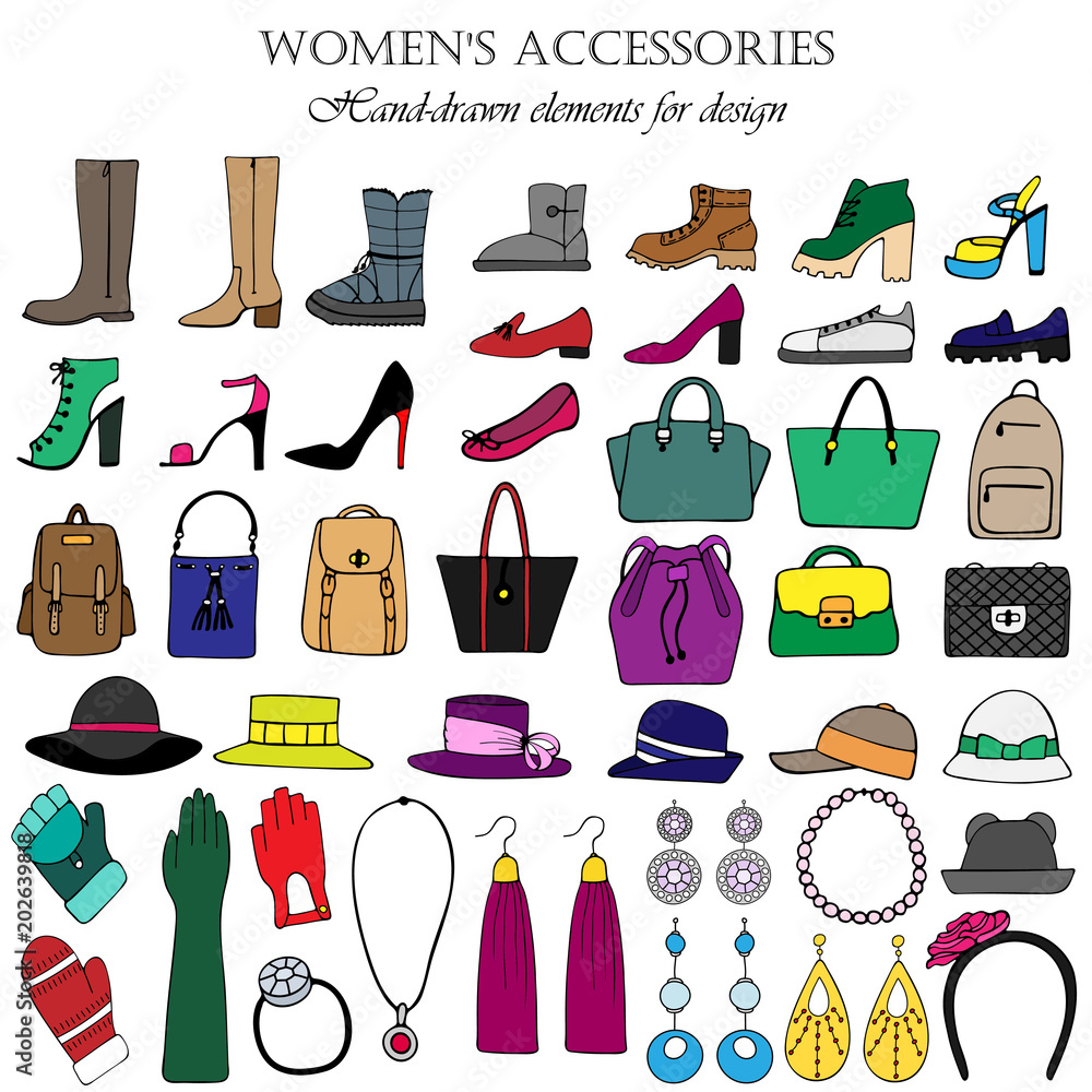 Color set of hand-drawn women's accessories.
