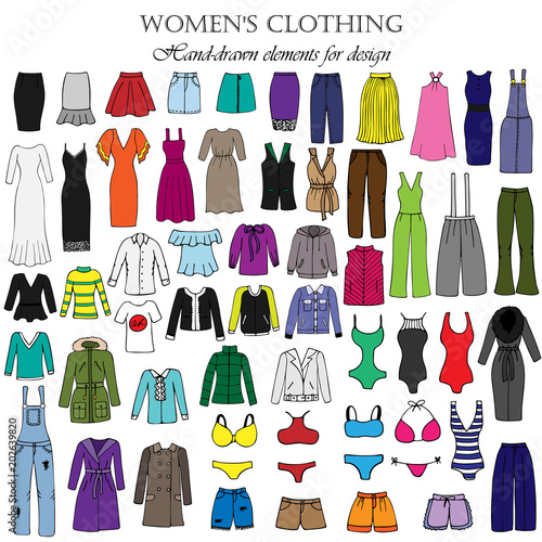 Color set of hand-drawn women s clothing.