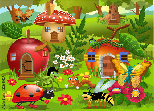 Cartoon illustration of bug world with apple house  peach house  mushroom house and tree house