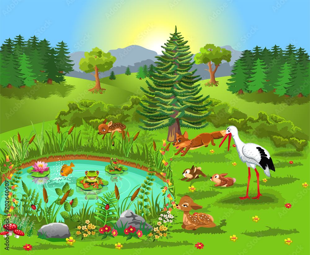 Cartoon illustration of wild animals living in the forest and coming to