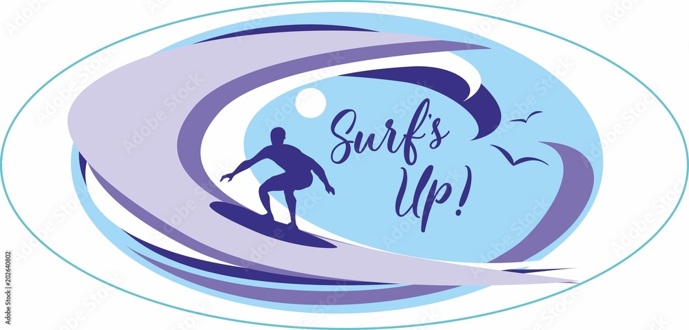 Surf's up .Surfing. Lettering. It's time to rest and travel. Seascape. Wave. Gulls. Vector illustration. Surf's up .Surfing. Lettering. It's time to rest and travel. Seascape. Wave. Gulls. Vector illustration.