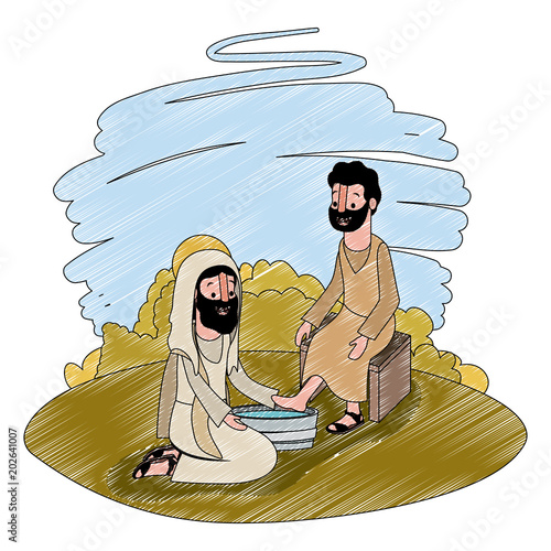 Jesus washing the feet of an apostle in the camp vector illustration design