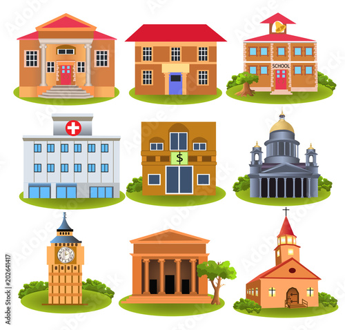 Collection of Important buildings of the city like town hall, hospital, police, school, museum, theater, church   on a white background