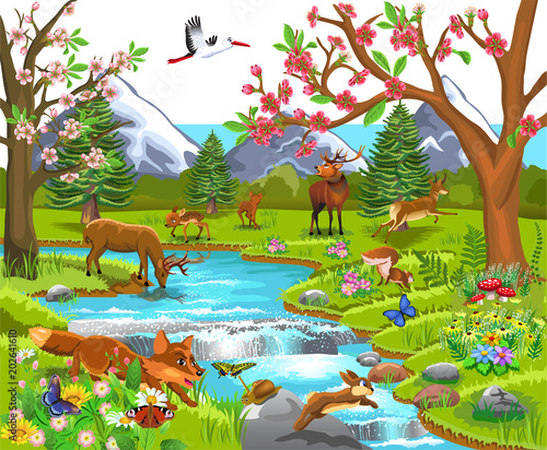 Fototapeta Naklejka Na Ścianę i Meble -  Cartoon illustration of wild animals like deer, fox, rabbit, elk in a spring natural landscape