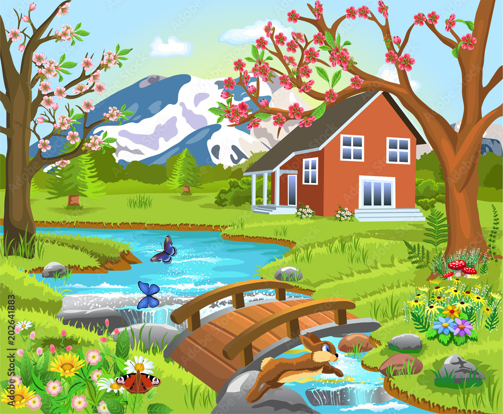Cartoon illustration of a spring natural landscape with a house in the  middle, river and bridge Stock Vector | Adobe Stock