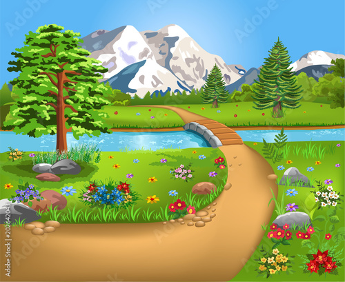 Natural landscape in the summer time with a river and a bridge in the middle and mountains in the background