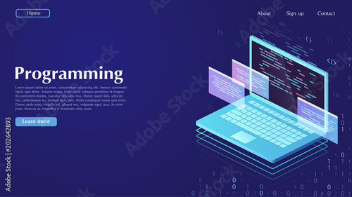 Development and software. Concept of programming, data processing. Ð¡omputer code with windows on laptop screen.