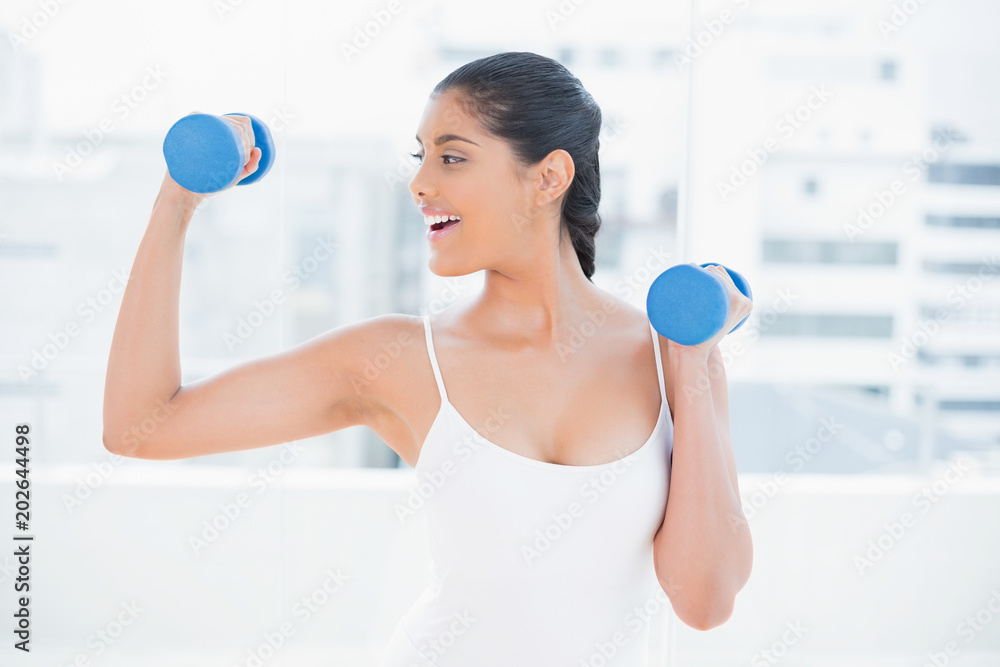 Gleeful toned brunette holding dumbbells Gleeful toned brunette holding dumbbells