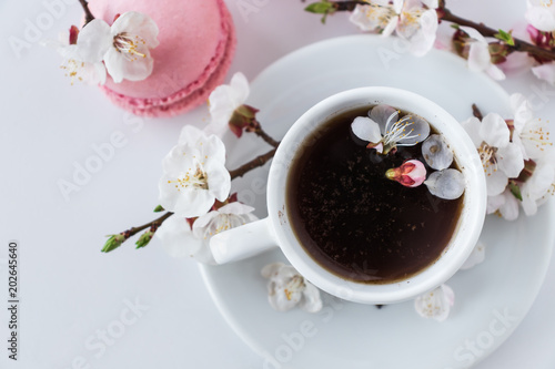 Pink macaroons with a cup of coffee and a branch of white flowers on a white background. French dessert and flowers blooming cherry. Sakura flowers with pink macaroon close up.