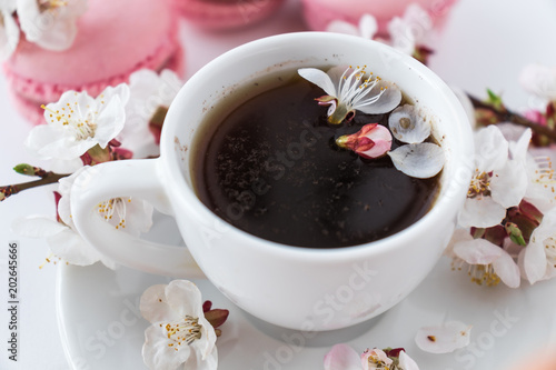 Pink macaroons with a cup of coffee and a branch of white flowers on a white background. French dessert and flowers blooming cherry. Sakura flowers with pink macaroon close up.