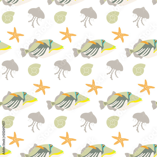 Seamless pattern with tropical fishes on white background.