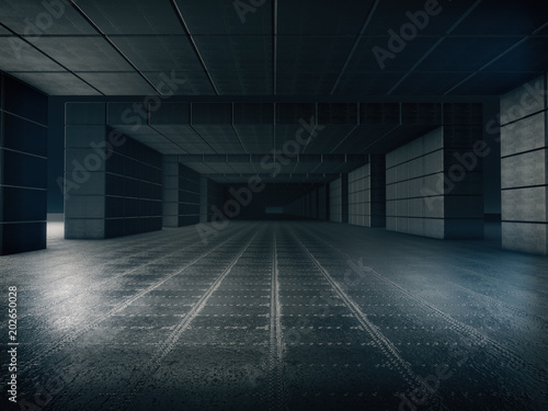 Abstract structure,Product showcase background,Long dark corridor interior design.3D rendering