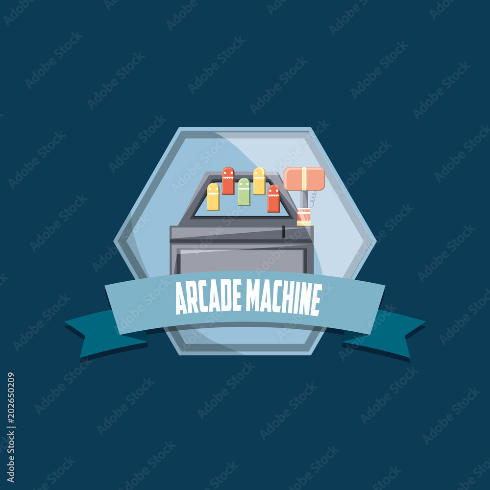 emblem with Retro Arcade Video Game Machine and decorative ribbon over blue background, colorful design. vector illustration emblem with Retro Arcade Video Game Machine and decorative ribbon over blue background, colorful design. vector illustration