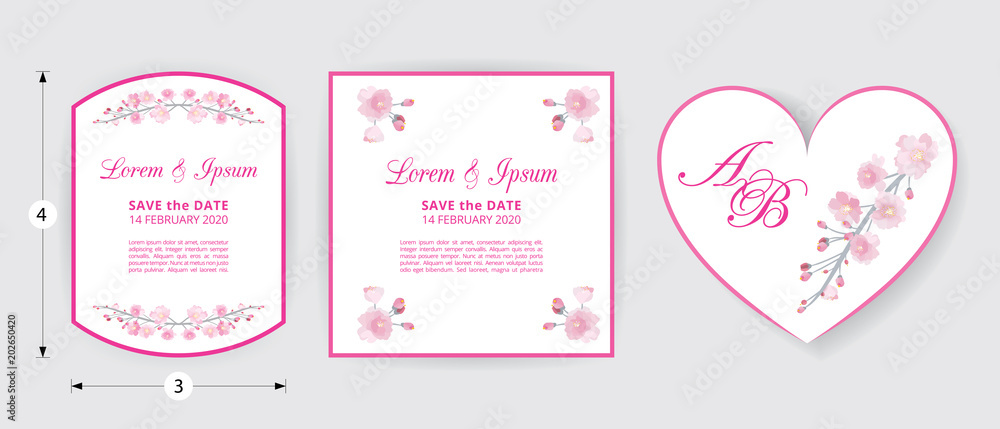 Full bloom pink sakura flower wedding card heart template, Cherry blossom floral vintage invitation frame isolated on white round background. Japan spring flora wreath curl border tag element.