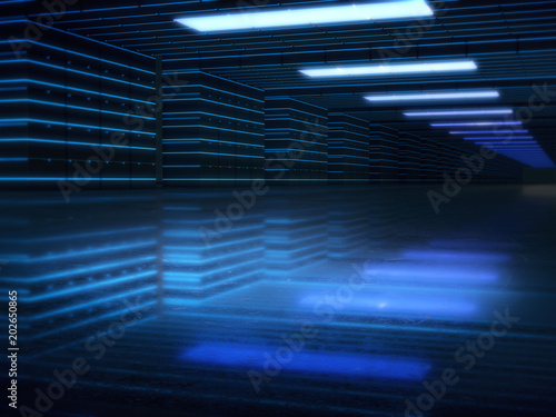 Long dark corridor interior with futuristic light. 3D rendering