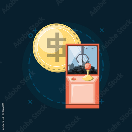 arcade claw machine and coin icon over blue background, colorful design. vector illustration