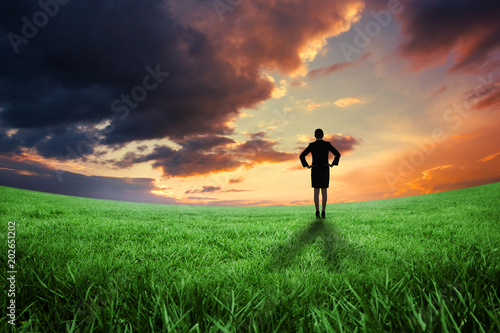 Young businesswoman standing with hands on hips against green field under orange sky