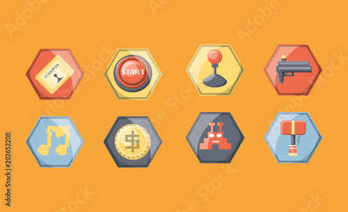 icon set of arcade machine related icons over orange background, colorful design. vector illustration photo