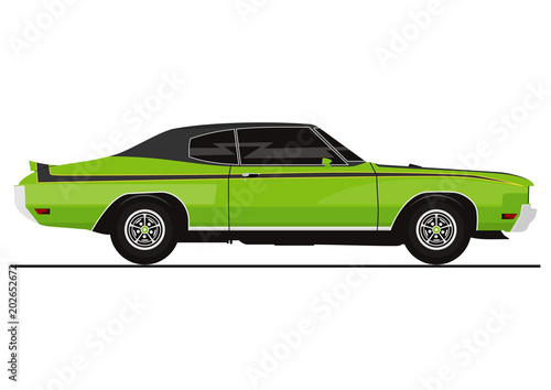 Vector sticker of retro muscle car. Side view. Flat vector.
