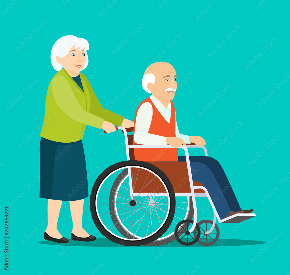 Old woman strolling with elder grey haired man in wheelchair. Vector flat style illustration Old woman strolling with elder grey haired man in wheelchair. Vector flat style illustration