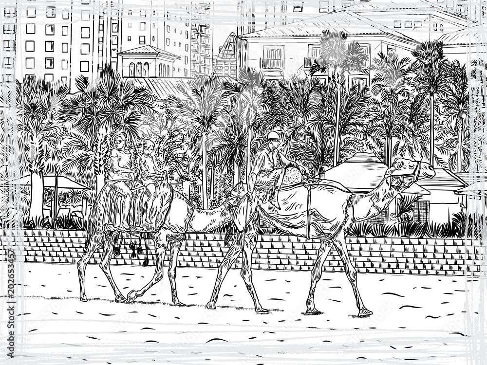 Φωτογραφία The camels with tourist attraction on Jumeirah beach and skyscrapers in the background in Dubai, United Arab Emirates
