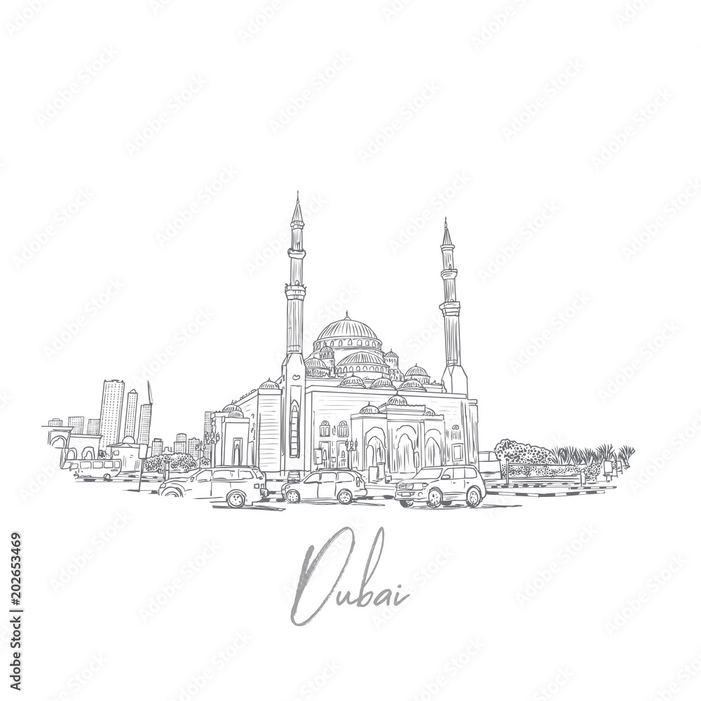 Hand drawn sketch of Dubai Skyline with mosque in vector. Hand drawn sketch of Dubai Skyline with mosque in vector.