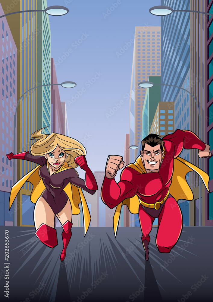 Φωτογραφία Cartoon illustration of superhero couple running fast through a city street