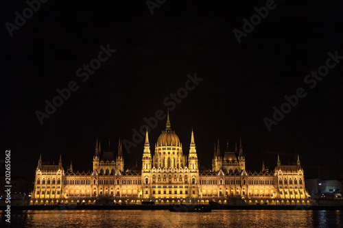 Hungarian Parliament (Orszaghaz) in Budapest, capital city of Hungary, taken during a dark night. The Parliament, of a gothic style, is the most iconic landmark of the city.