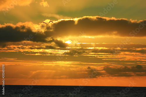 coucher de soleil sur la manche  depuis port en bessin en normandie