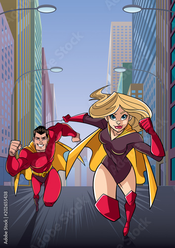 Cartoon illustration of superhero couple running fast through a city street, with the heroine leading.