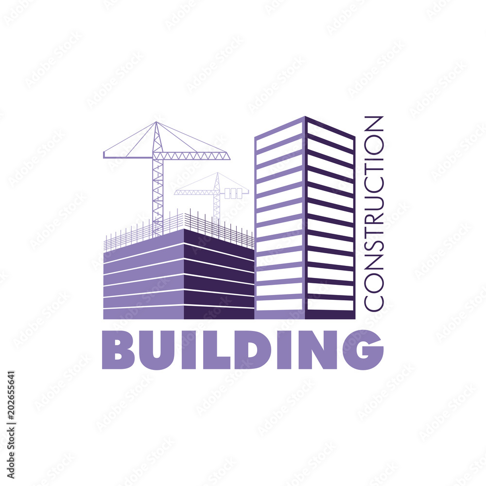 Construction working industry concept. Building construction logo in violet.  Silhouette of buildings and building cranes. Stock vector. Vector illustration EPS10.