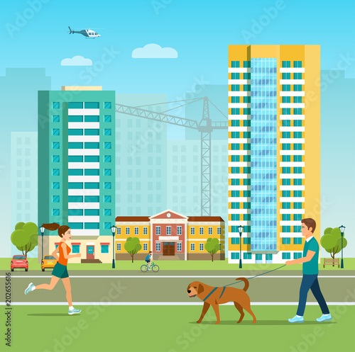 New appartment building  at the residental area. Boy  is walking with a dog. Vector flat style illustration