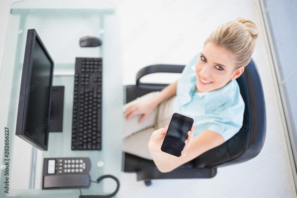 Overhead view of happy businesswoman showing smartphone Overhead view of happy businesswoman showing smartphone