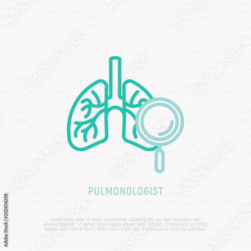 Pulmonologist symbol, lungs with magnifier thin line icon. Modern vector illustration.
