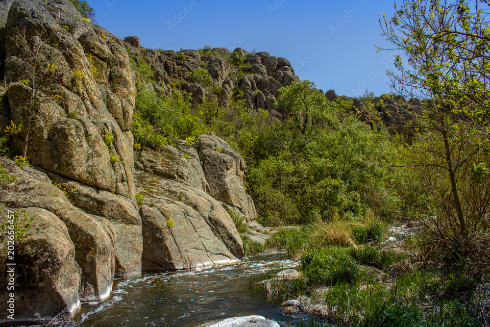 River in Aktovsky canyon, Ukraine. Big rocks in river, calm water.