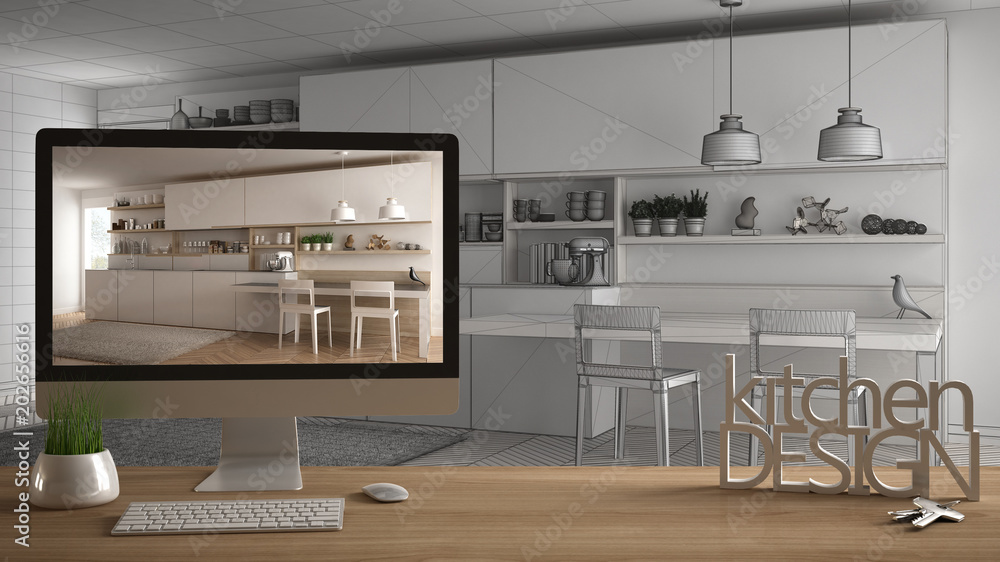 Architect designer project concept, wooden table with house keys, 3D letters words kitchen design and desktop showing draft, blueprint CAD sketch in the background, white interior design Architect designer project concept, wooden table with house keys, 3D letters words kitchen design and desktop showing draft, blueprint CAD sketch in the background, white interior design